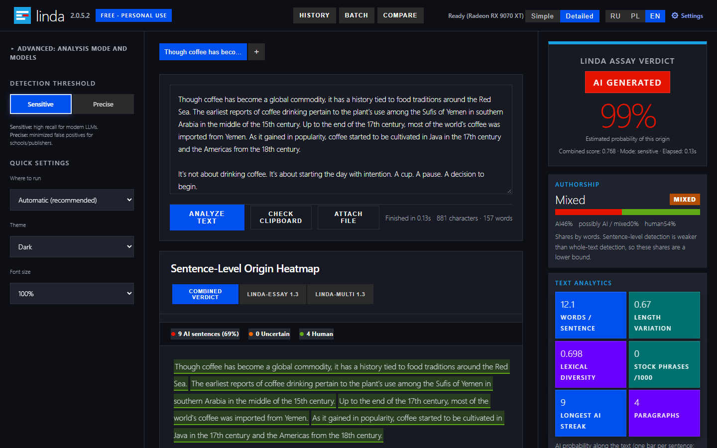 App window: verdict and colour map